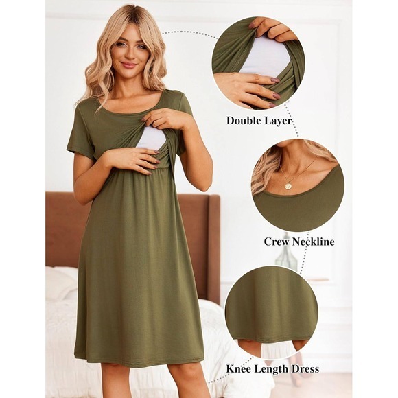 Women's Nursing & Maternity Dress –Short Sleeve, Patchwork, Knee Length Green XL - Picture 1 of 5